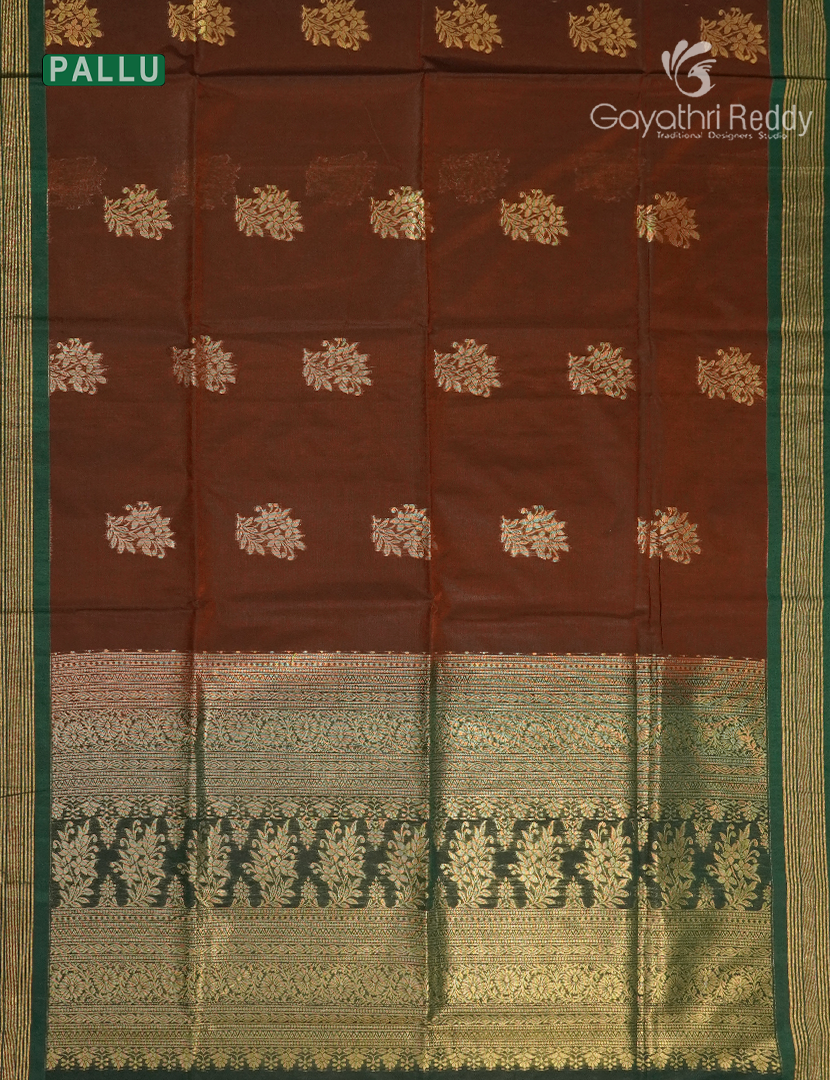 Kanchipuram Sico Saree in Brown and Bottle Green