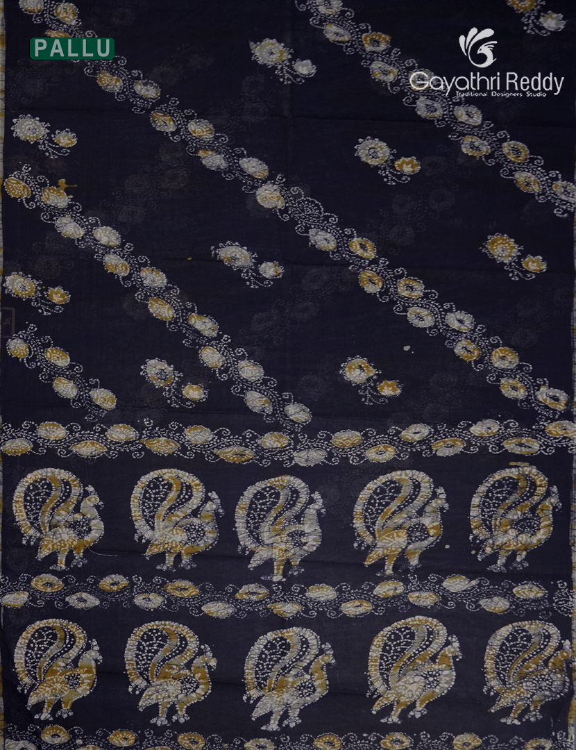 Cotton Batik Print Saree in Deep Navy Blue