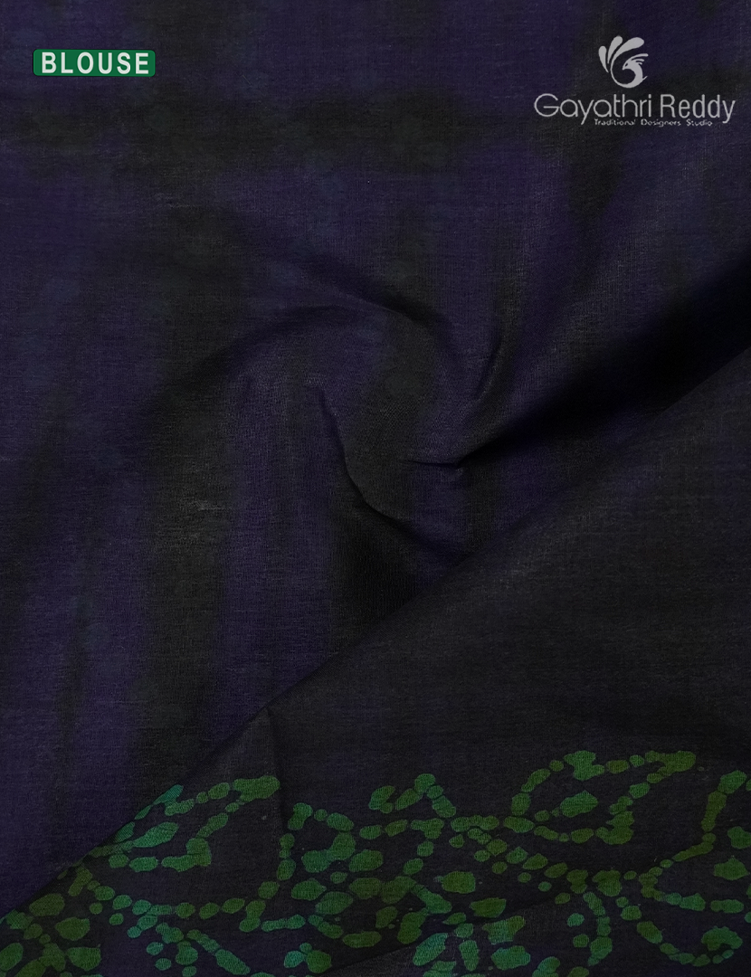 Cotton Batik Print Saree in Navy Blue and Sea Green