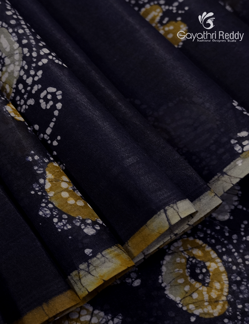 Cotton Batik Print Saree in Deep Navy Blue