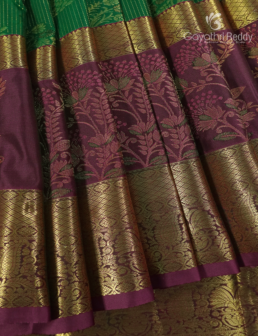 Semi Kanchipuram Silk Saree in Mango Green   and Deep Brown