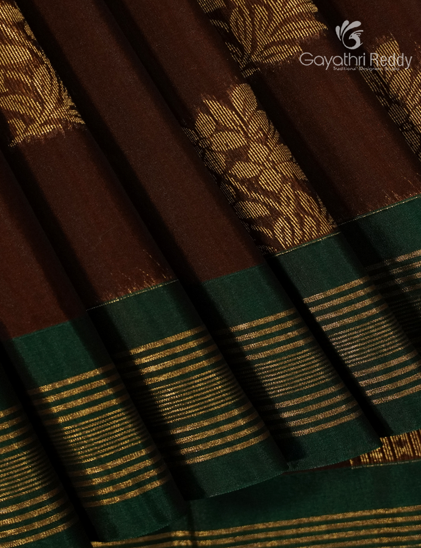 Kanchipuram Sico Saree in Brown and Bottle Green