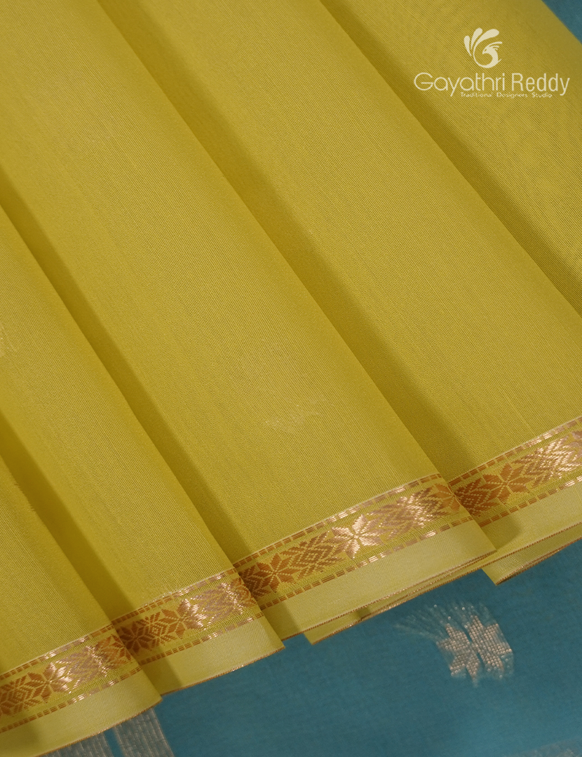 Kanchipuram Sico Saree in Lime Yellow and Sky Blue