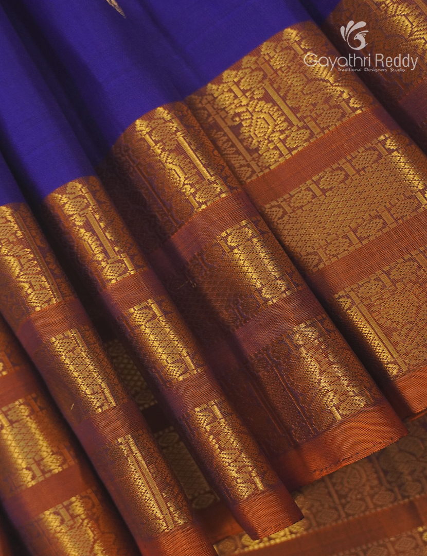 Pure Kanchipuram Silk Saree in Blue and Mustard