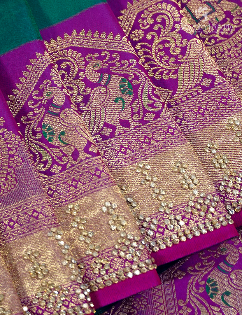 Semi Kanchipuram Silk Fancy Saree in Deep Rama Green and Magenta