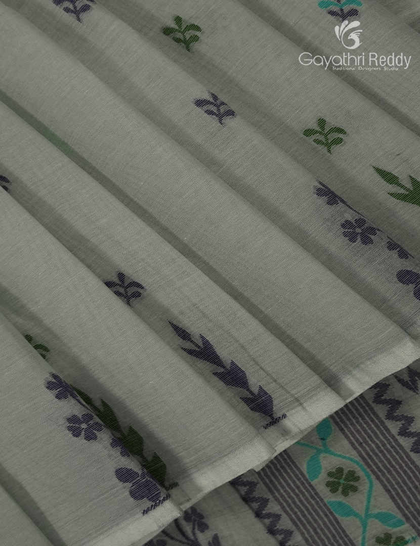 Jamdani Cotton Saree in Olive Grey