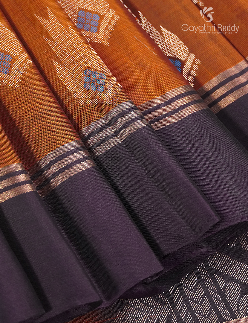 Light weight Kanchipuram Silk Saree in Burnt Orange and Deep Snuff