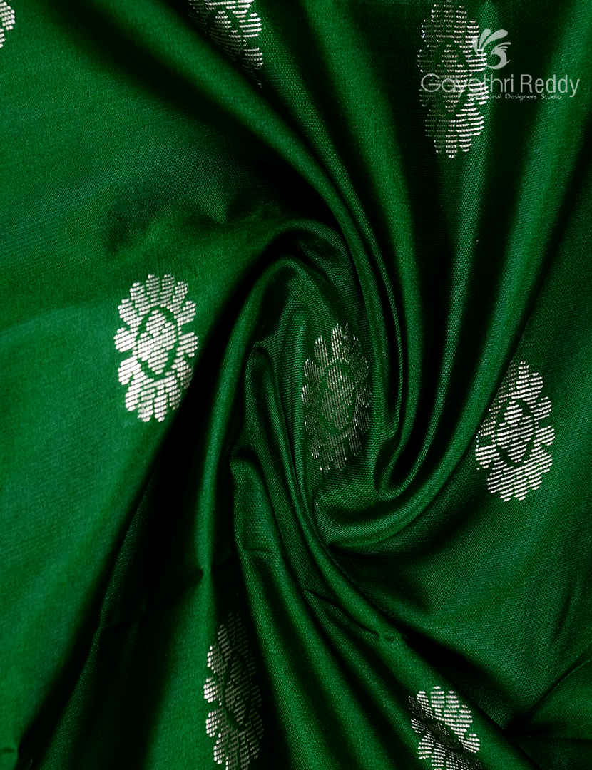 Semi Banaras Katan Silk Saree in Bottle Green and Red