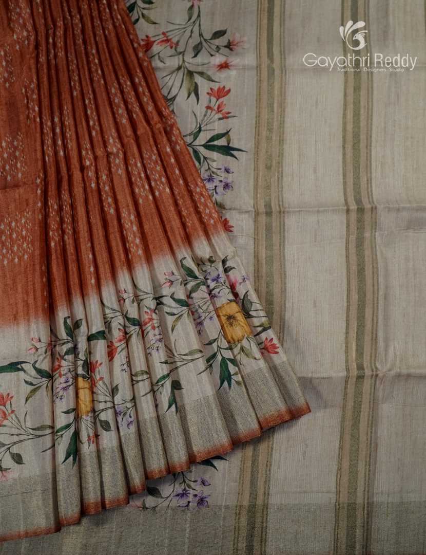 Semi Tussar Saree in Deep Rust and Ivory