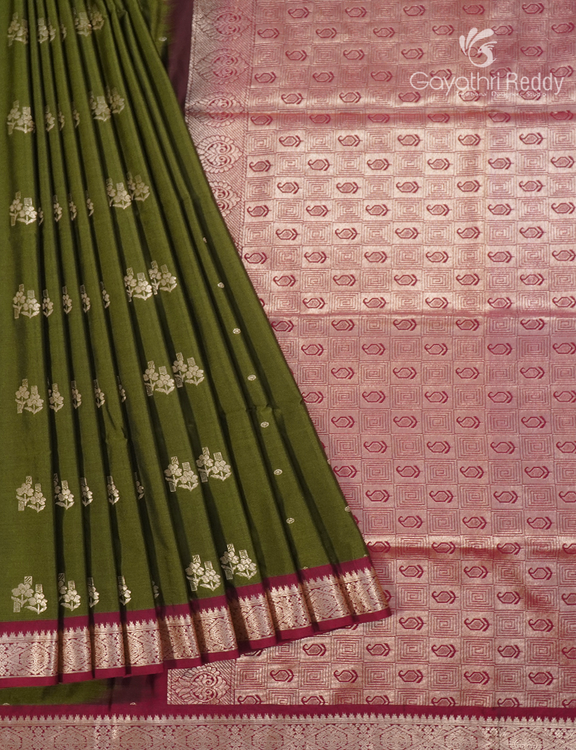 Soft Silk Saree in Deep Olive Green and Deep Magenta