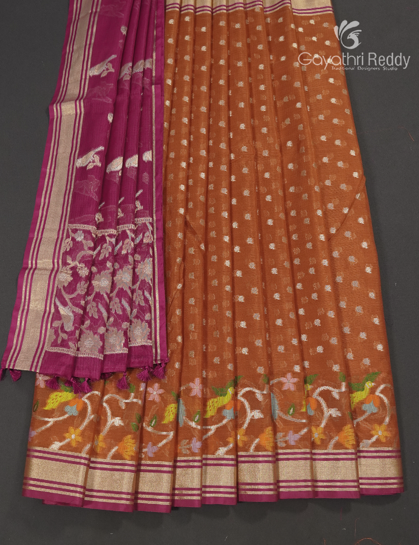 Banaras Kota Lehanga Set in Mustard and Deep Pink
