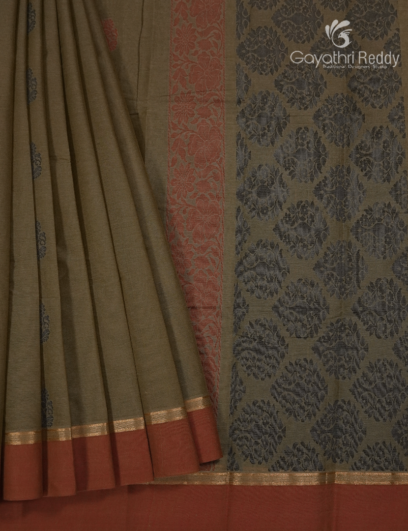 Pure Kanchi Cotton Saree in Deep Olive Grey