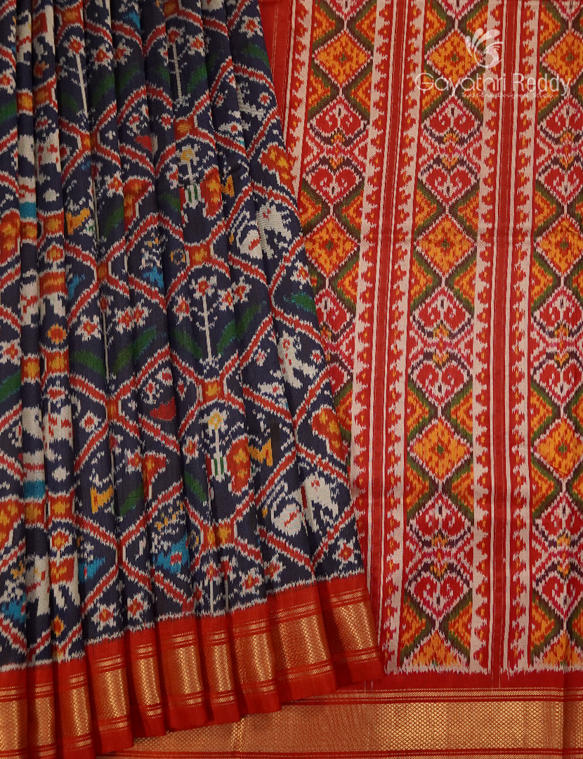 Pure Ikat Silk Saree in Deep Navy Blue and Red