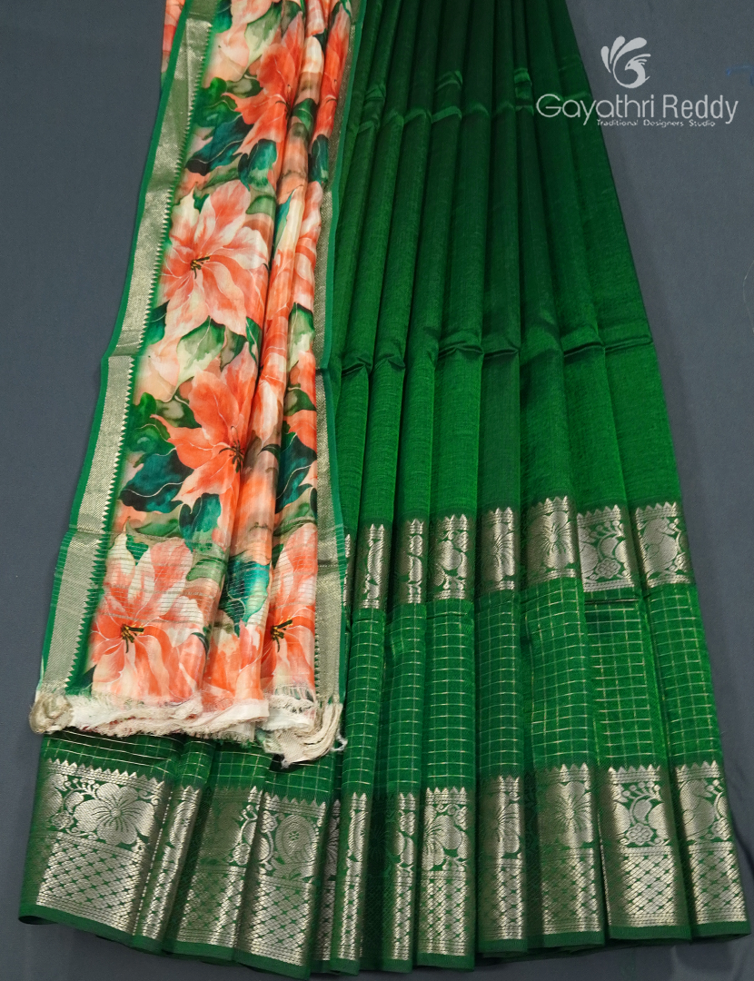 Pure Mangalagiri Langa Voni Set in Bottle Green