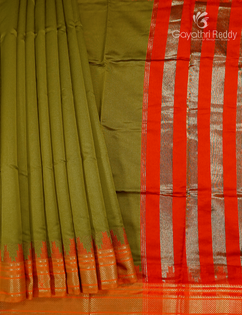 Semi Gadwal Saree in Mehendi Green and Orange