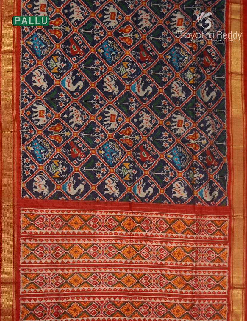 Pure Ikat Silk Saree in Deep Navy Blue and Red