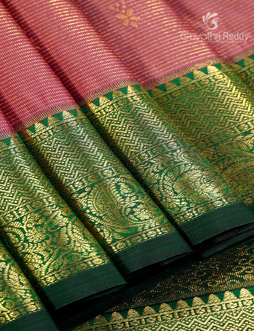 Semi Kanchipuram Silk Saree in Peach and Bottle Green