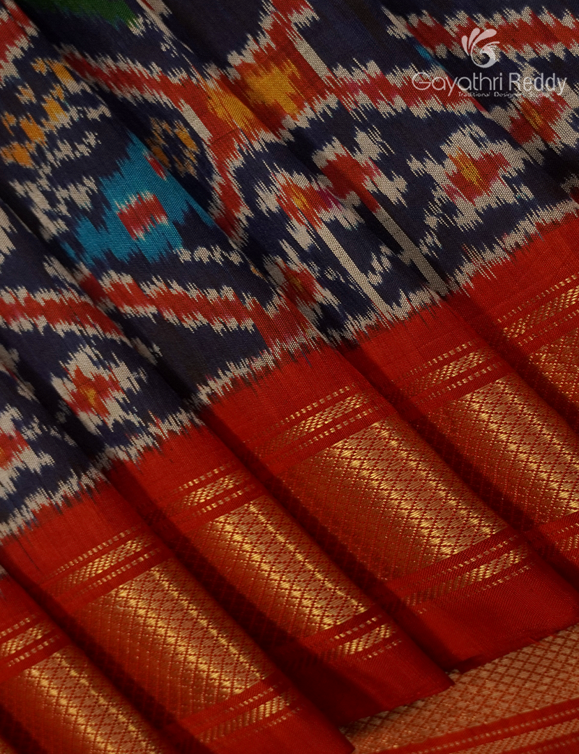Pure Ikat Silk Saree in Deep Navy Blue and Red