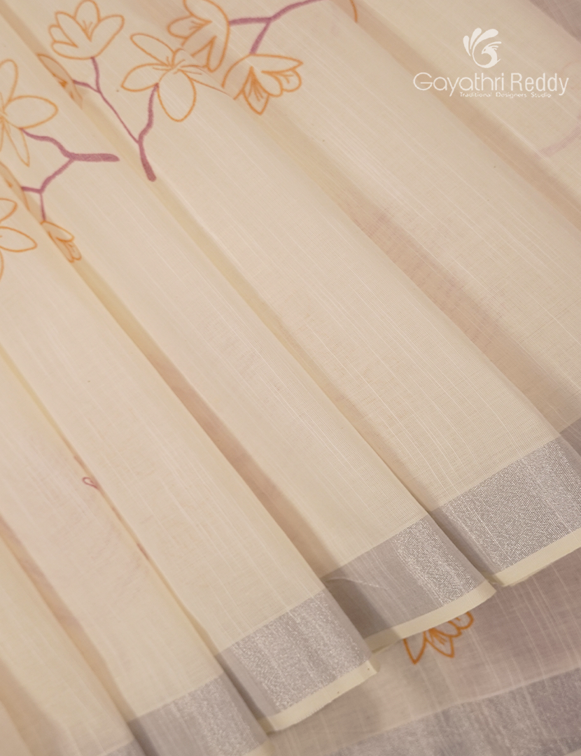 Pure Kanchi Cotton Printed Saree in Ivory and Peach