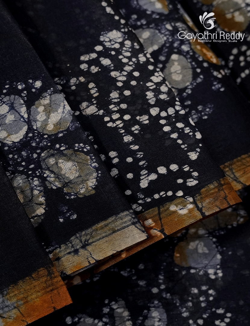 Cotton Batik Print Saree in Deep Navy Blue