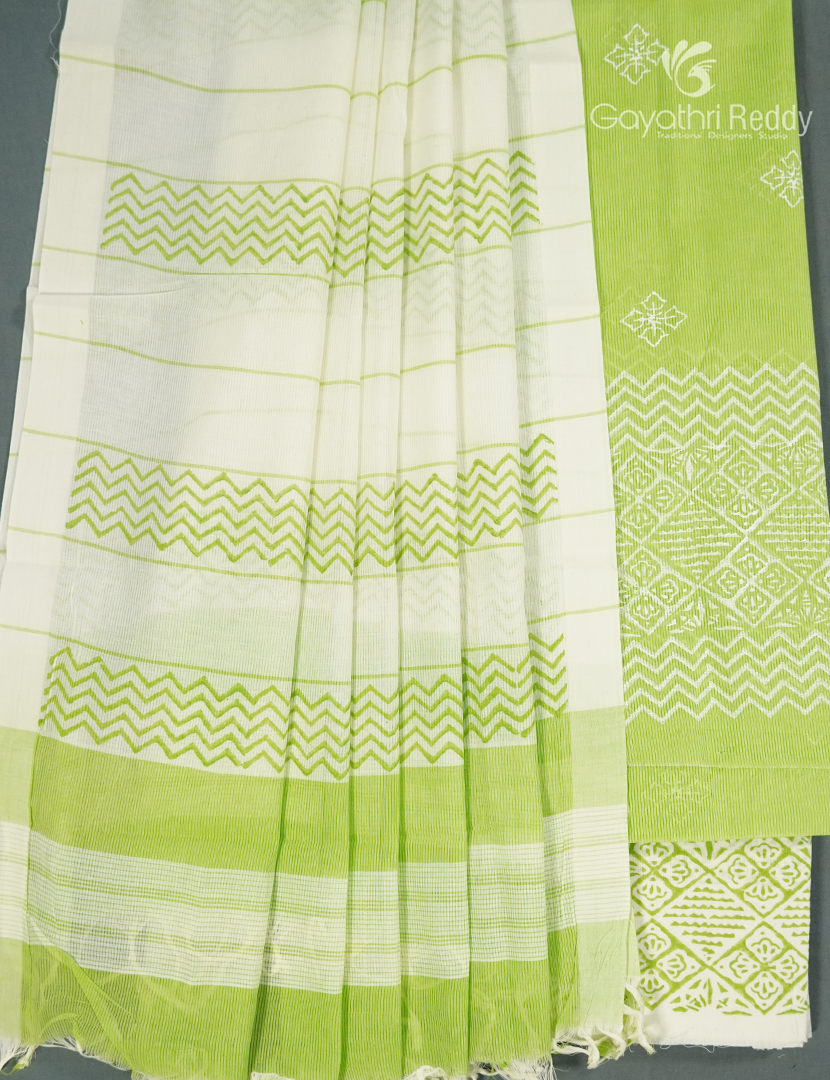 Cotton Dress Material in Neon Green and Cream