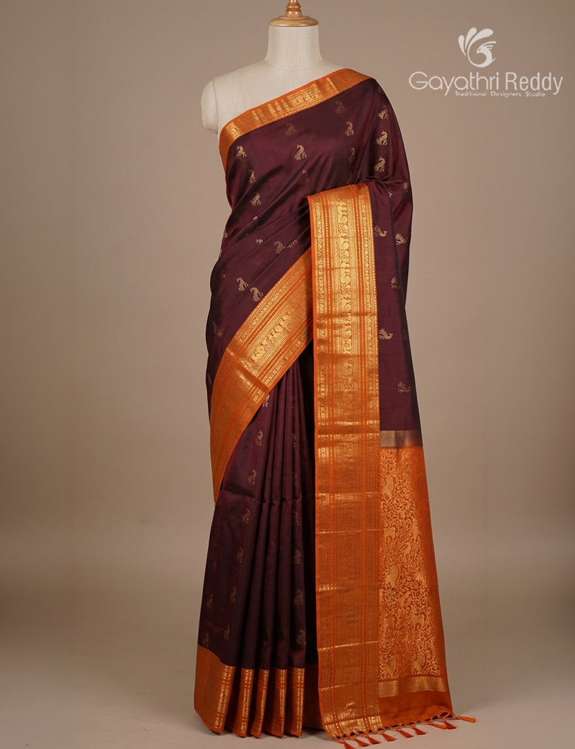 Pure Kanchipuram Soft Silk Saree in Deep Wine and Rust Orange