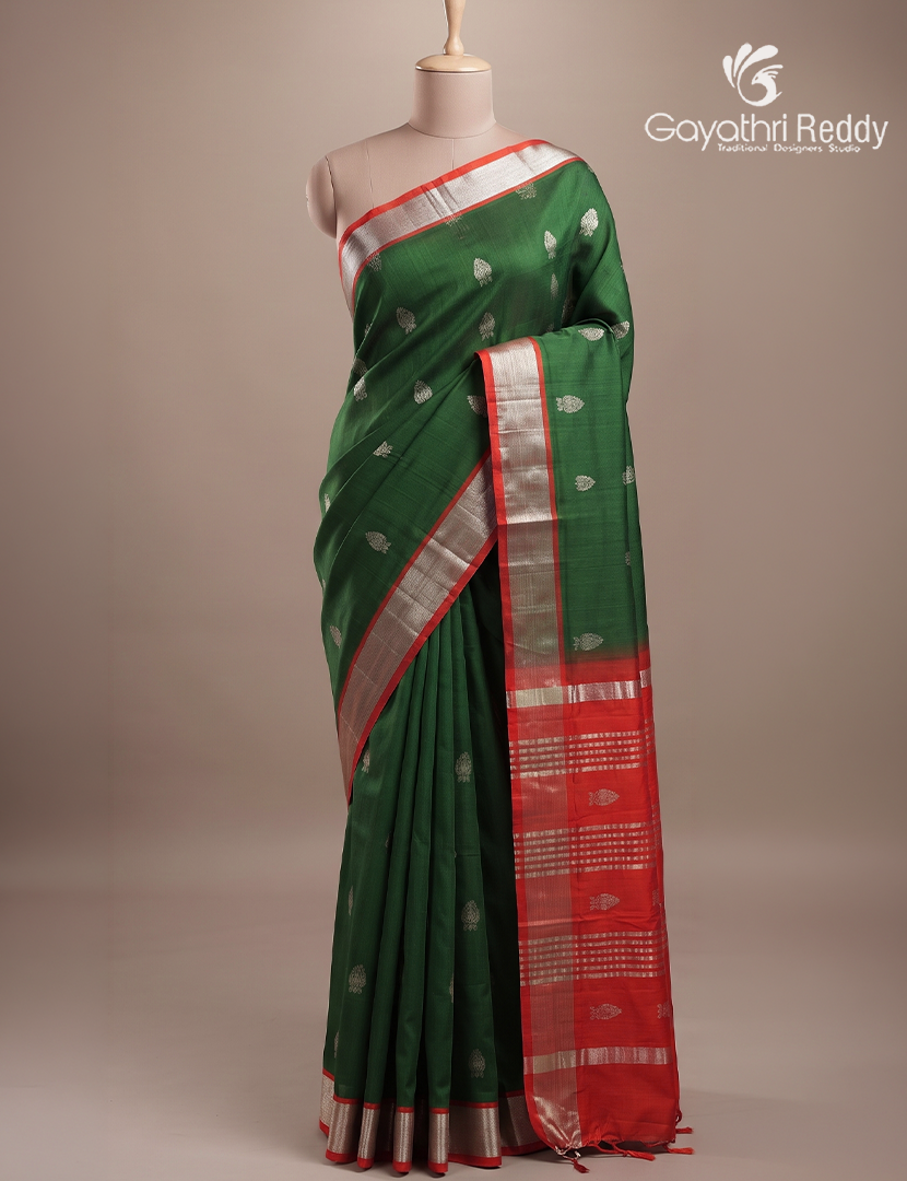 Pure Arani Sico Saree in Mango Green and Orange
