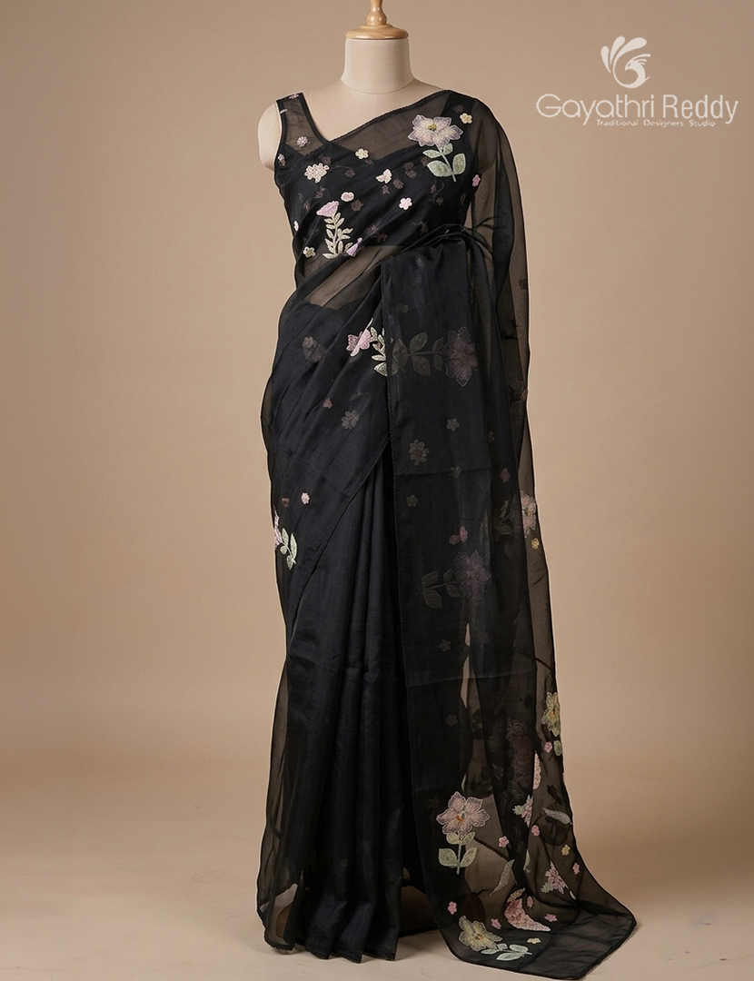 Pure Glass Organza Fancy Saree in Black