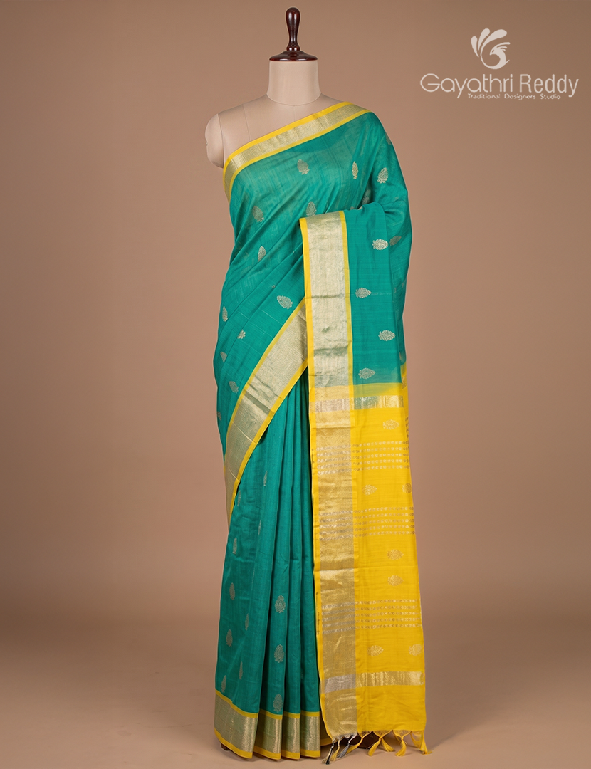 Pure Arani Sico Saree in Sea green and Lime yellow
