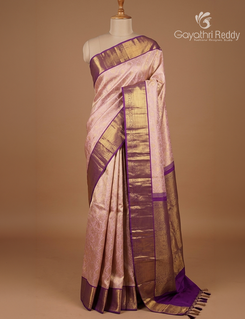 Pure Kanchipuram Bridal Silk Saree in Baby Pink and Purple