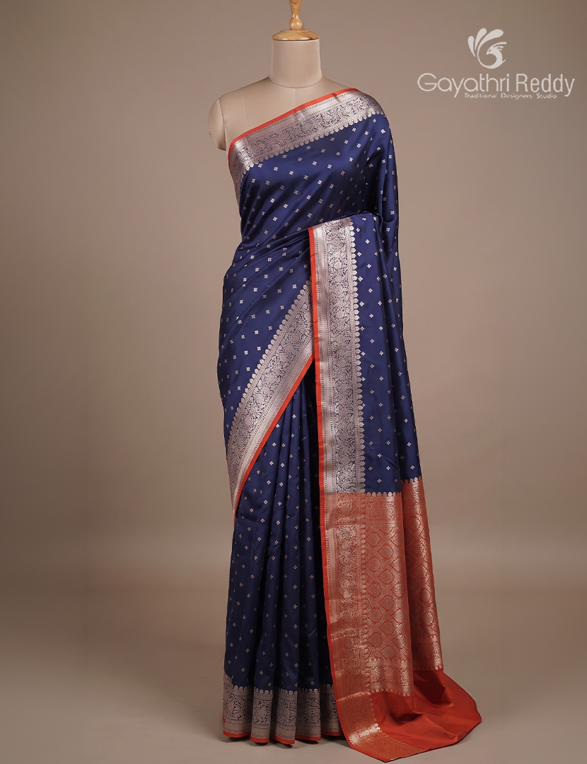 Semi Banaras Katan Silk Saree in Royal Blue and Red