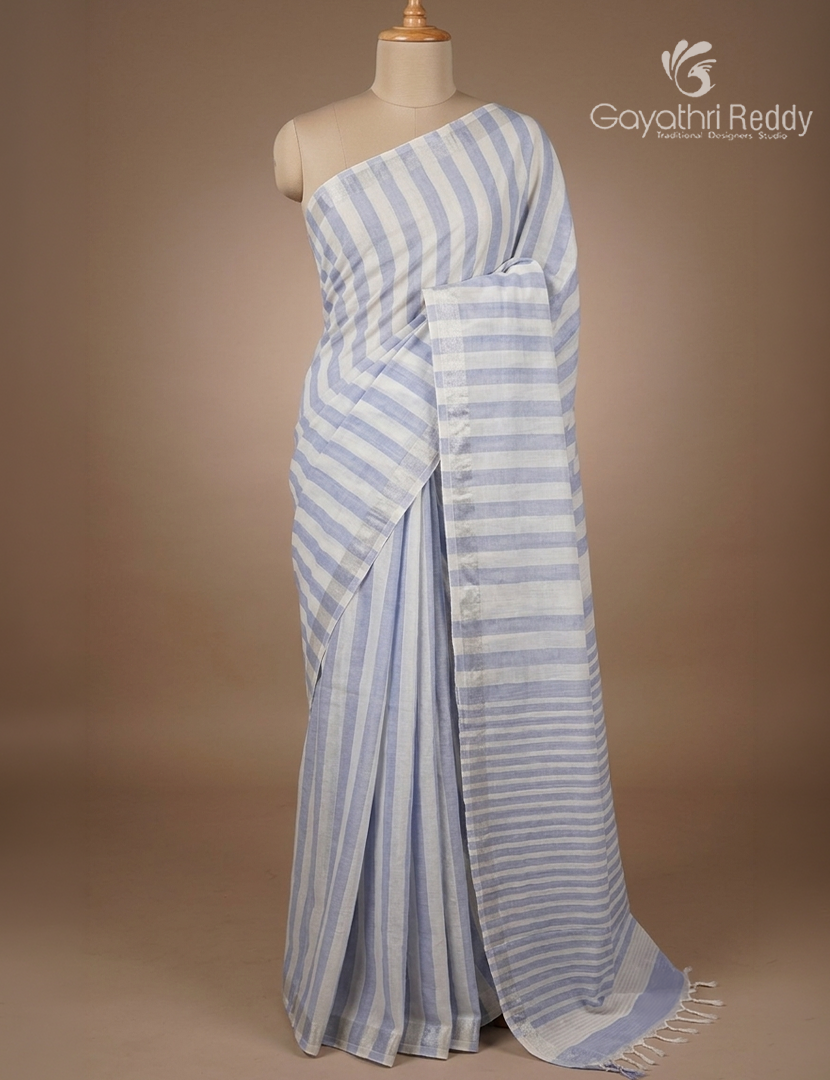 Pure Kanchi Cotton Saree in Cream and Powder  Blue