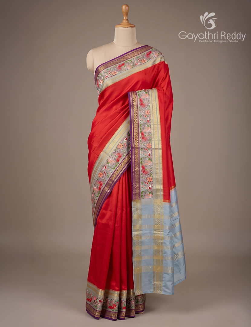 Pure Mysore Silk Saree in Red and Powder Grey