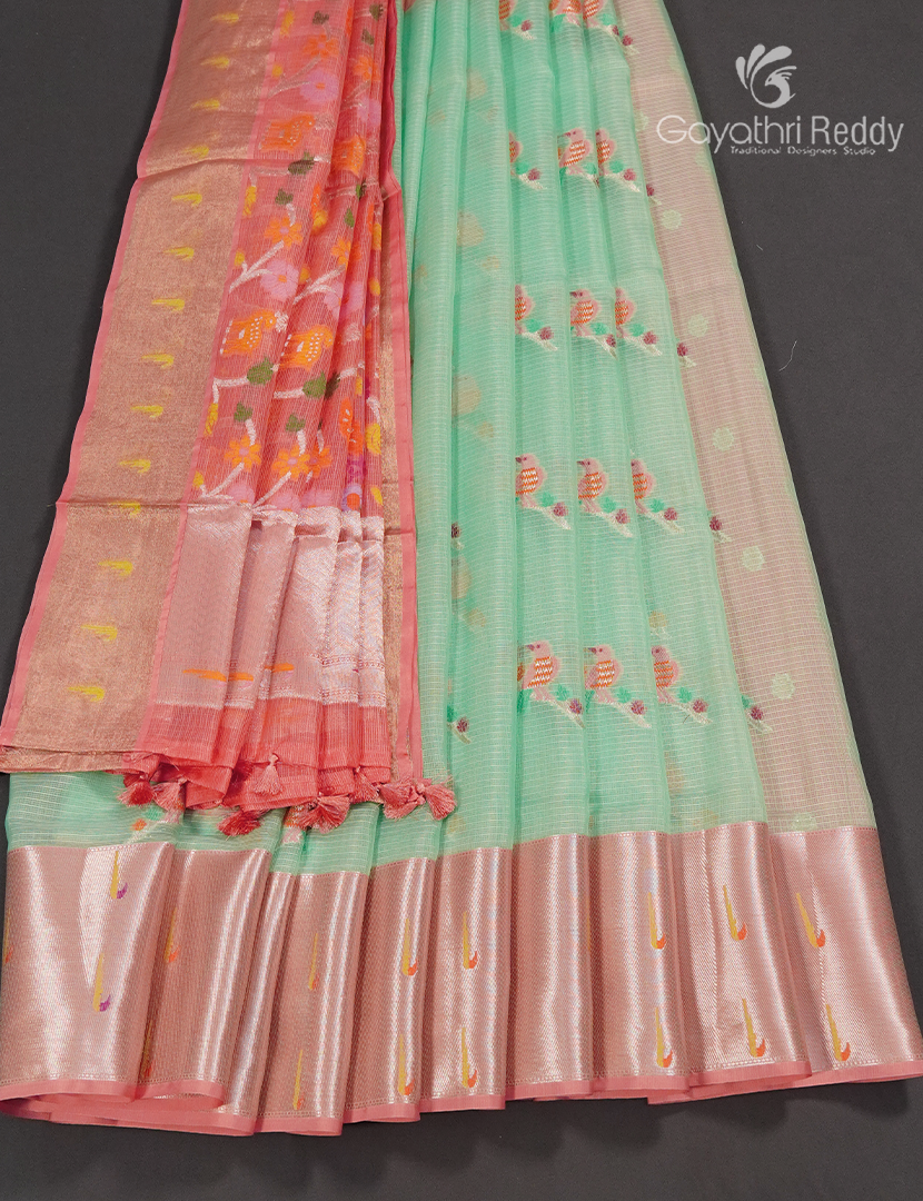 Banaras Kota Lehanga Set in Mint Green and Peach