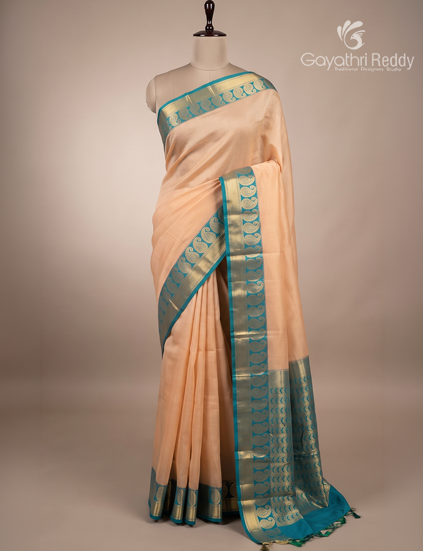 Pure Kanchi Sico Saree in Pastel Peach and Rama Green