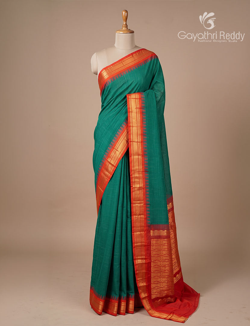 Pure Gadwal Cotton Saree in Deep Peacock Green and Red