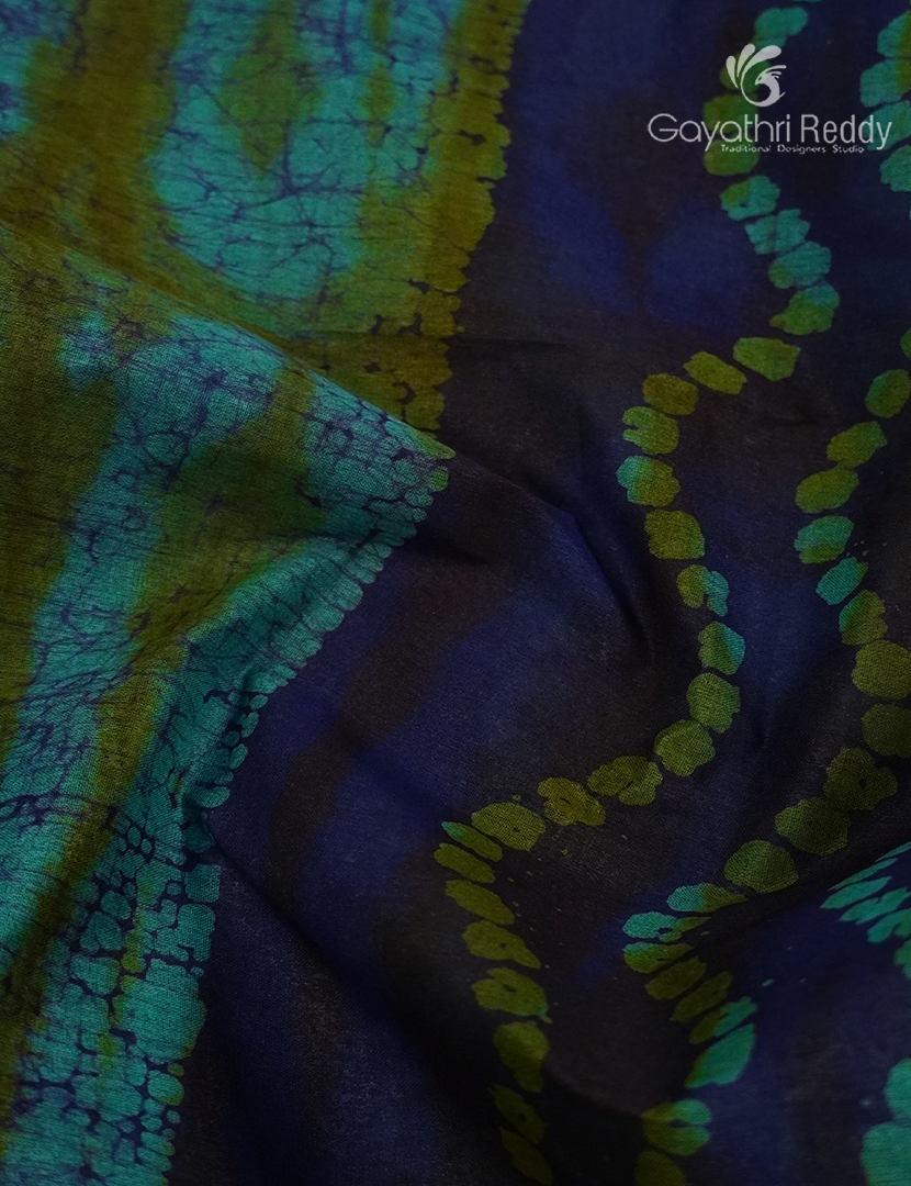 Cotton Batik Print Saree in Navy blue and Sea geen