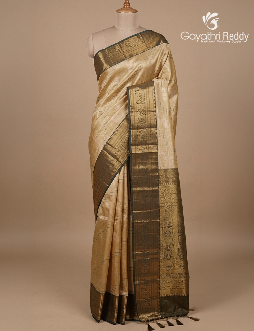 Semi Kanchipuram Silk Saree in Antique Gold and Moss Green