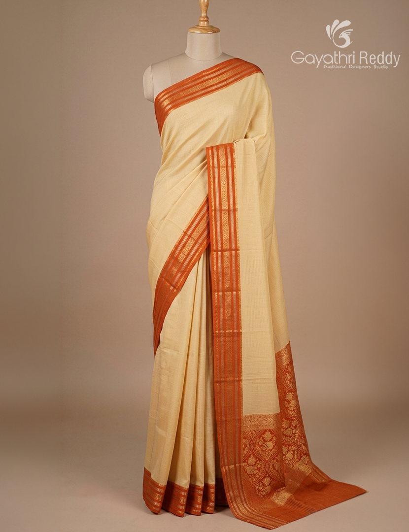 Semi Mysore Crepe Saree in Cream and Orange