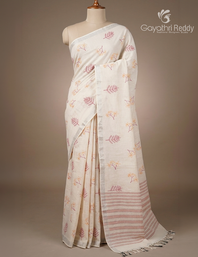 Pure Kanchi Cotton Printed Saree in Ivory and Peach
