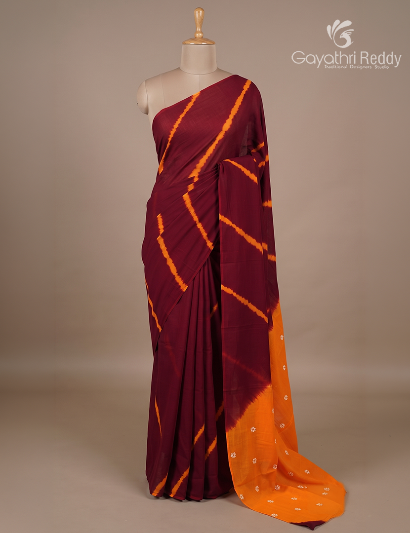 Pure MulMul Cotton Saree in Maroon and Turmeric