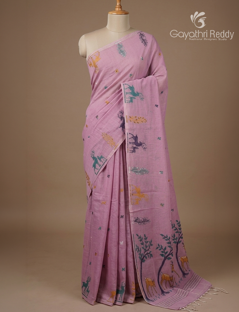 Jamdani Cotton Saree in Baby pink