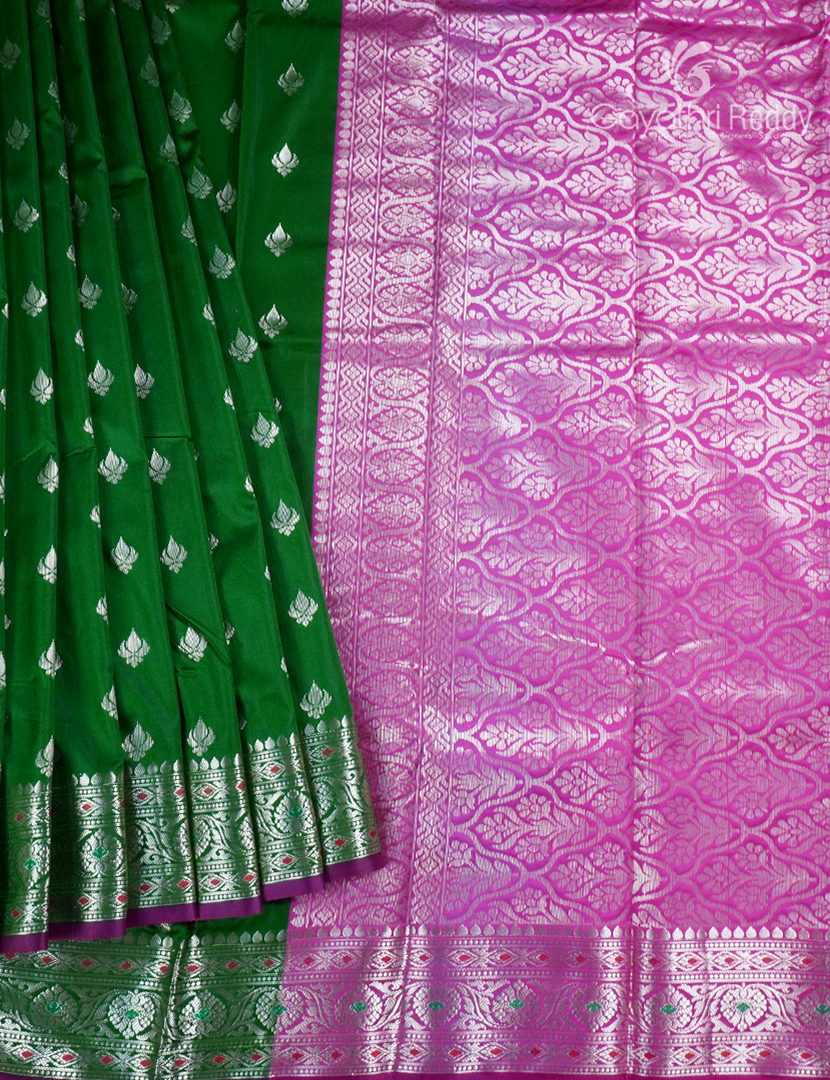 Semi Banaras Katan Silk Saree in Green and Pink