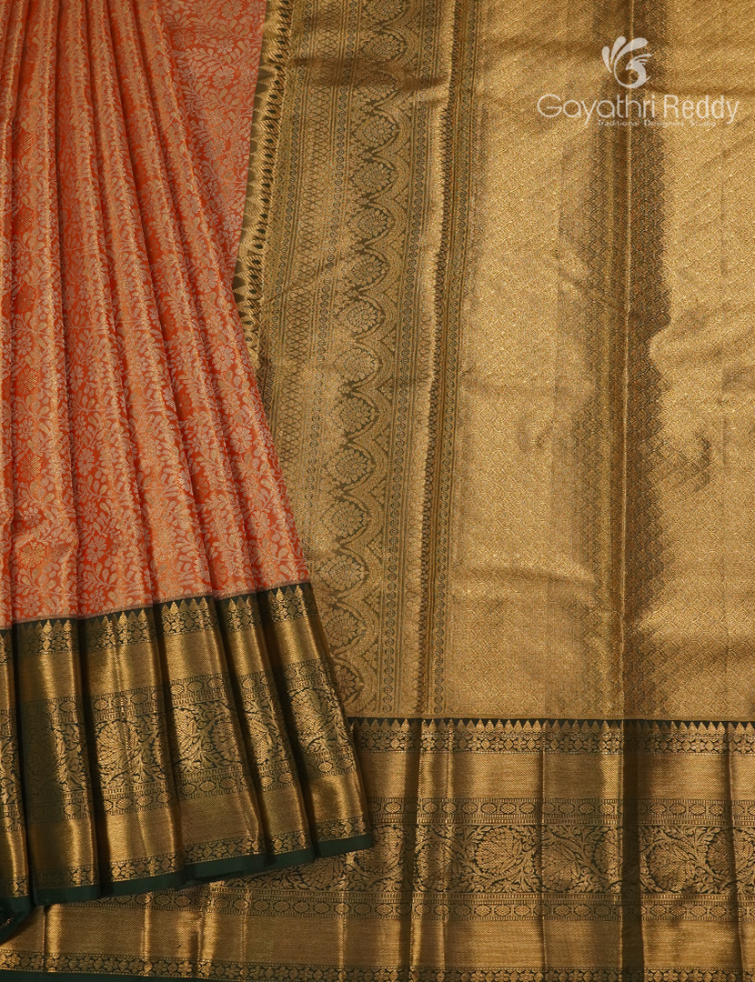 Pure  Kanchipuram Silk Saree in Orange and Bottle Green ( Brocade Pattern )