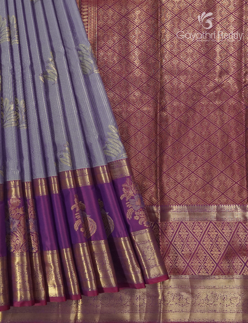 Semi Kanchipuram Silk Saree in Grey  and Deep Pink