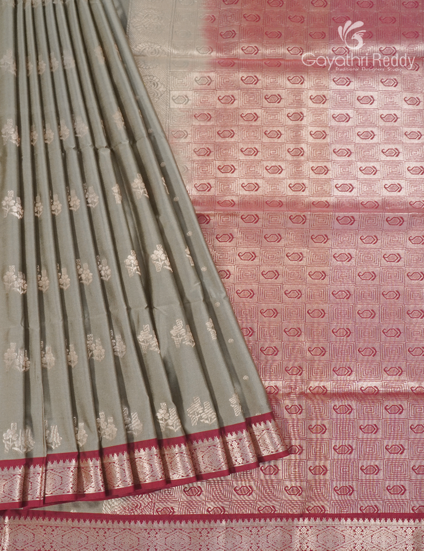 Soft Silk Saree in Grey and Deep Magenta