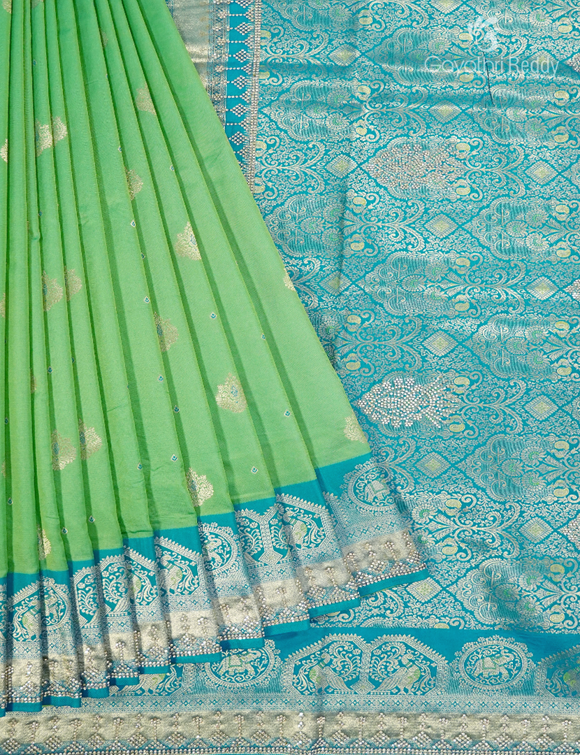 Semi Kanchipuram Silk Fancy Saree in Apple Green and Aqua Blue