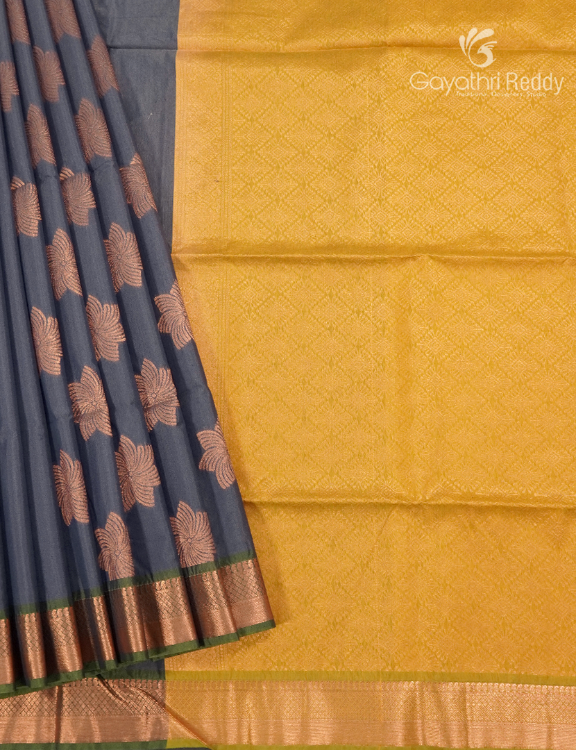 Kanchipuram Sico Saree in Ash Grey and Yellow