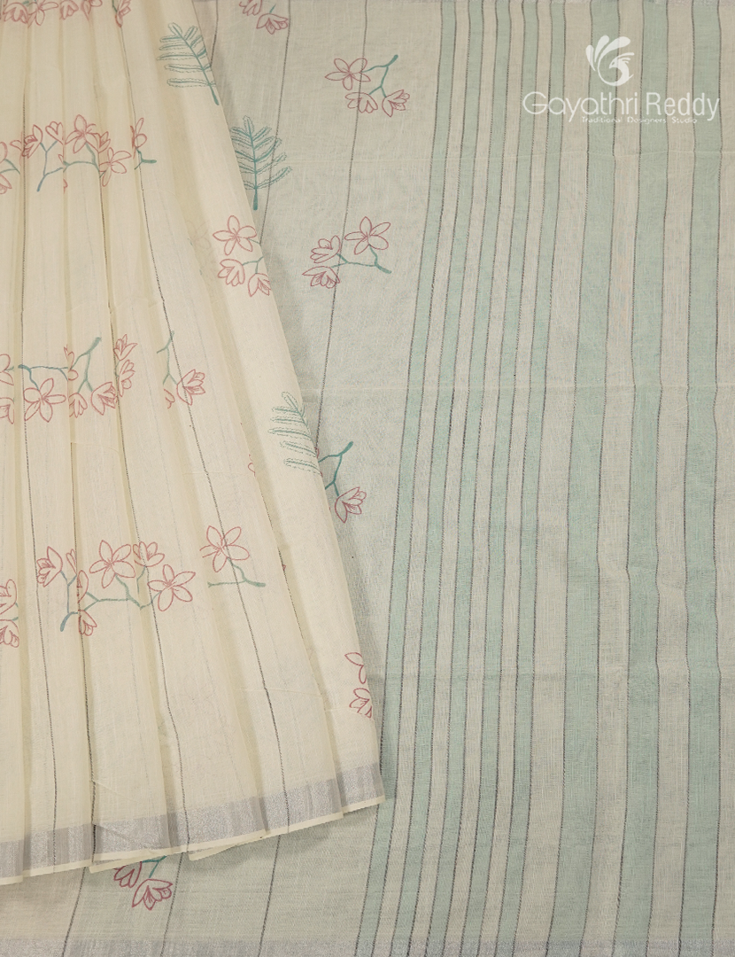 Pure Kanchi Cotton Printed Saree in Ivory and Mint Green