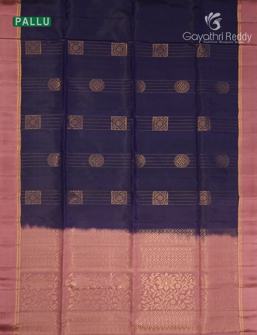 Pure Kanchipuram Soft Silk Saree in Deep Navy Blue and Onion Peach